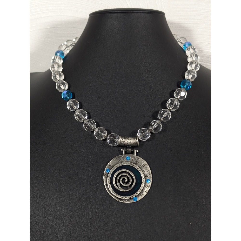 Glass Bead Necklace Spiral Pendant Blue Clear Beads‎ Silver Tone 19" Statement